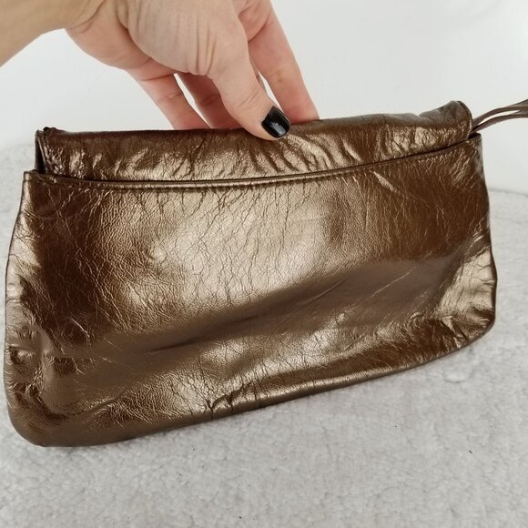 Metallic Brown Gold Wristlet Clutch With Chain Detail By Attention 《315》P - Picture 7 of 9